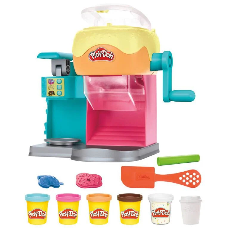Play-Doh ice cream maker set with various tools and colors on a white background
