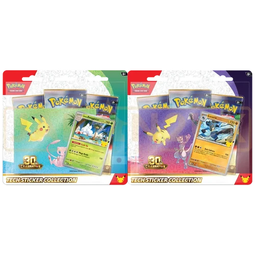 Two Pokémon Tech Sticker Collection blister packs side by side on a white background, each containing sticker packs and a Pokémon card featuring Pikachu and Eevee.