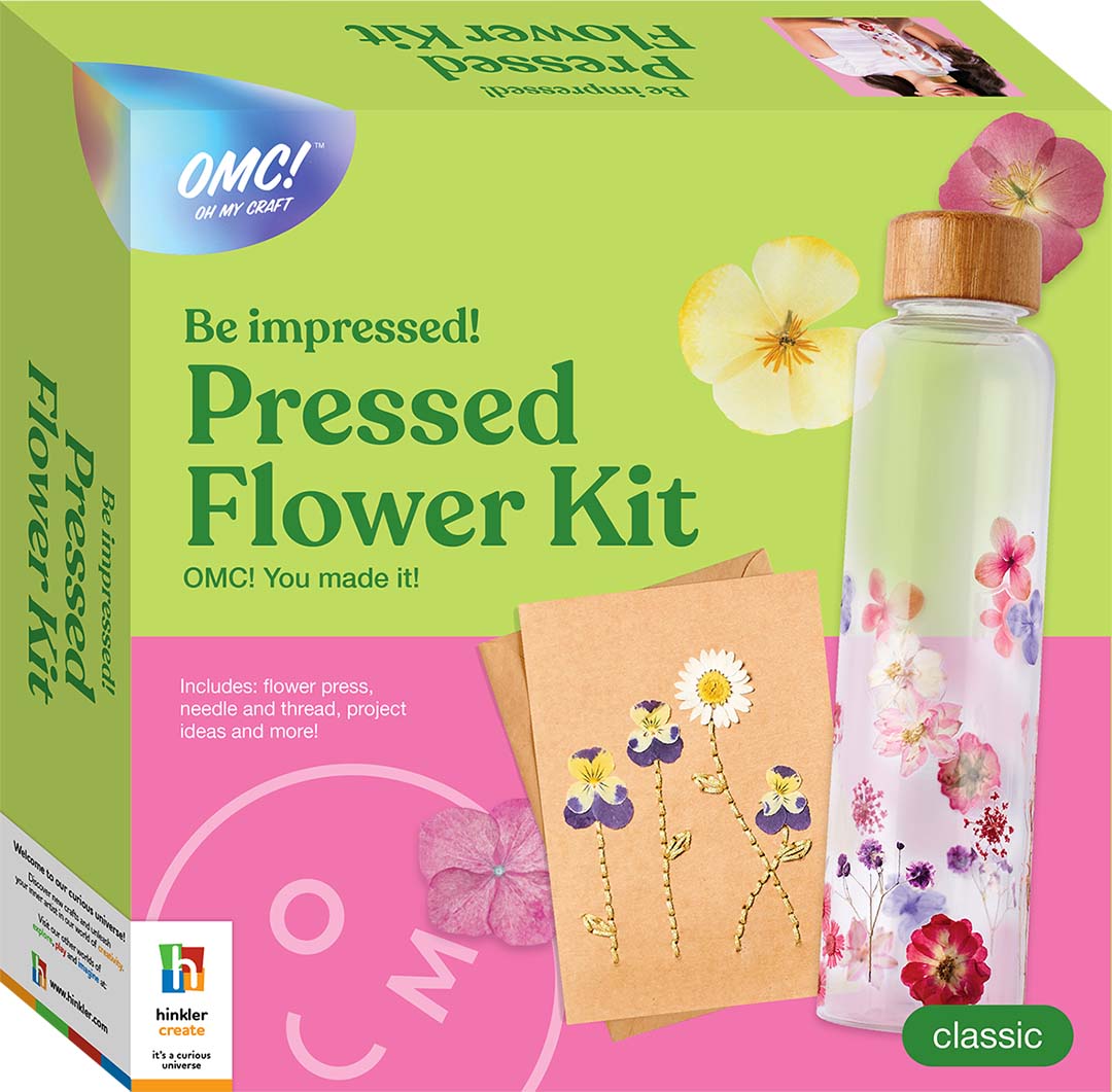Pressed Flower Kit packaging with a water bottle featuring pressed flowers on a pink background