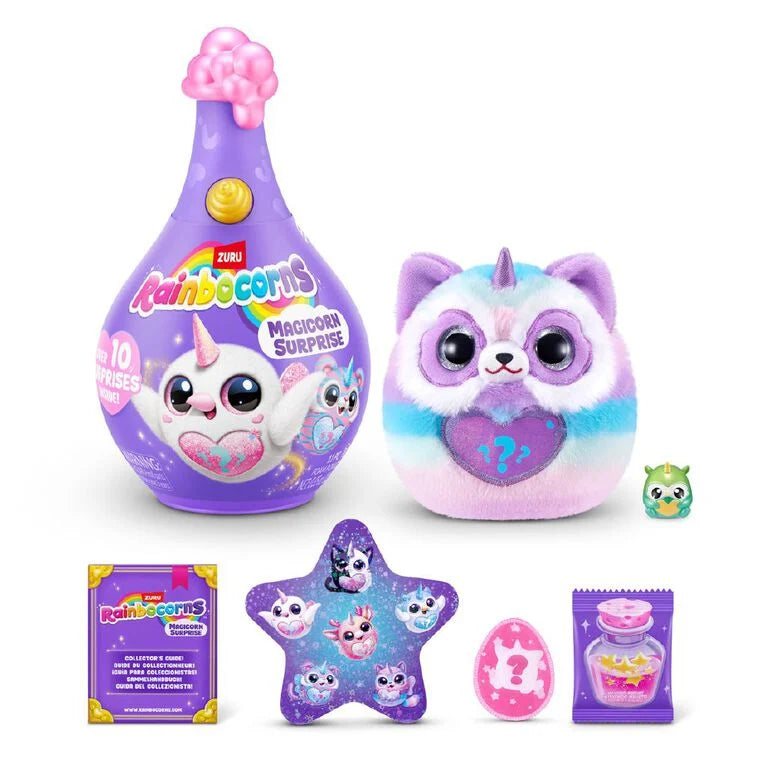 Rainbocorns toy with packaging and accessories on a white background