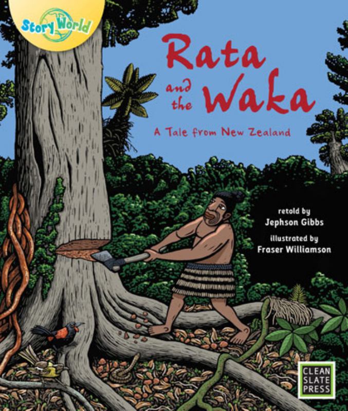 Book cover of 'Rata and the Waka' with a New Zealand theme, featuring a man and tree illustration.