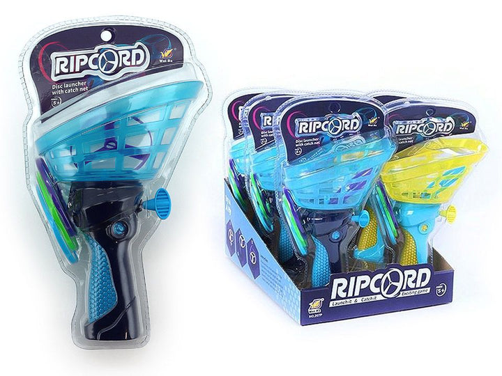 Packaged Ripcord toy with blue and yellow designs on a white background