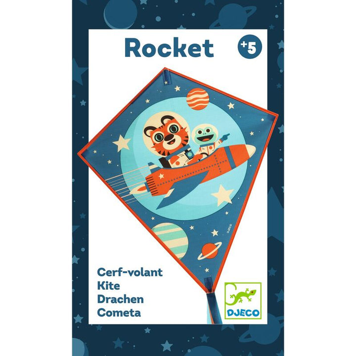 Children's kite packaging with cartoon characters in a rocket, space-themed design, and Djeco branding.