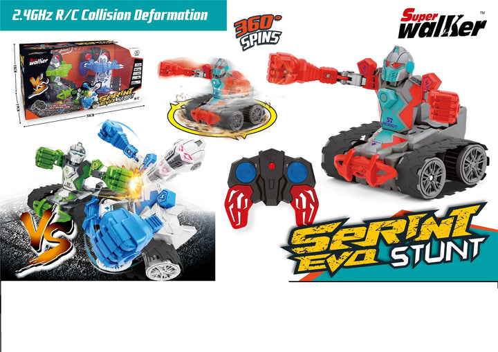 Toy robot with colorful design and branding on a promotional background