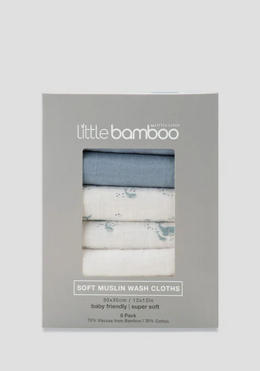 Little Linen Little Bamboo Muslin Washers 6Pk - Retro Blue