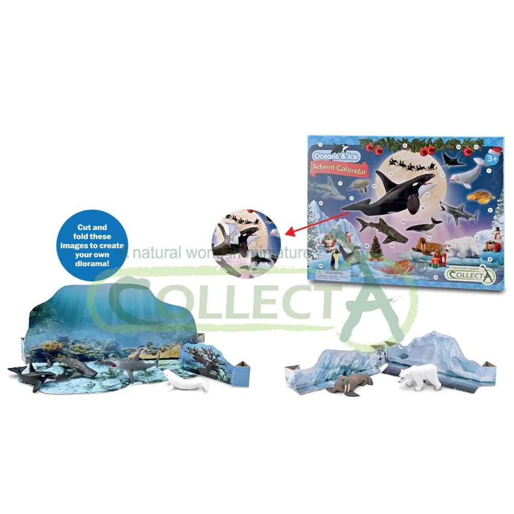 A children's educational toy set showing cut-and-fold animal dioramas. The image includes the retail box labeled 'Ocean Gallery' with orcas and penguins, several assembled diorama scenes with marine and polar animals, a circular inset showing a folded orca, and a blue callout that says 'Cut and fold these images to create your own diorama!'.