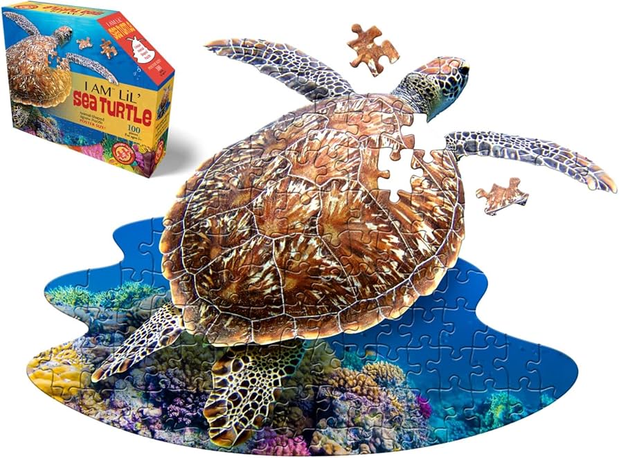 Jigsaw puzzle of a sea turtle with a completed section and packaging on a white background
