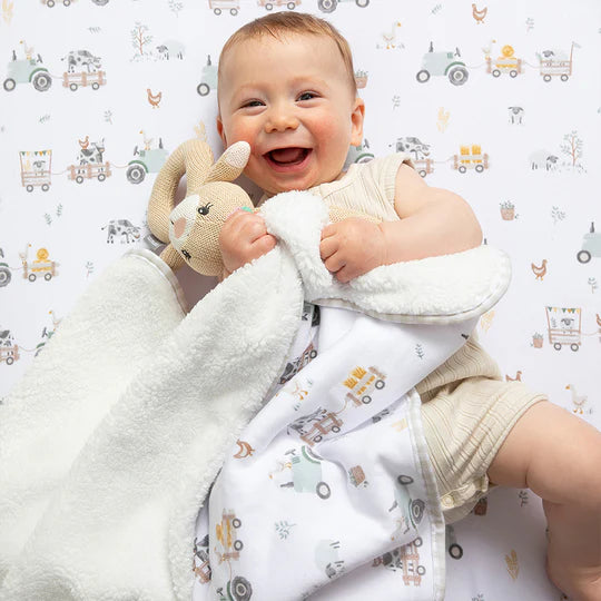 Organic Jersey Sherpa Baby Blanket Tractor ride - Living Textiles