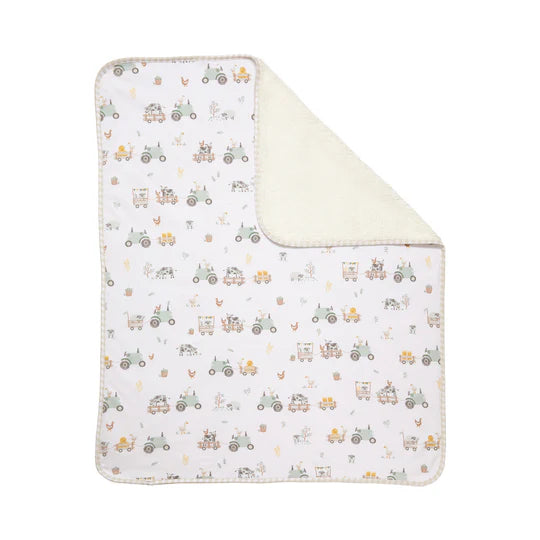 Organic Jersey Sherpa Baby Blanket Tractor ride - Living Textiles
