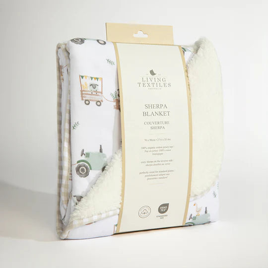 Organic Jersey Sherpa Baby Blanket Tractor ride - Living Textiles