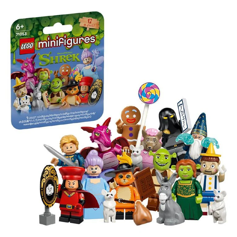 LEGO minifigures Shrek mystery box set, showing the blue retail blister packaging on the left and the assorted minifigures and accessories on the right against a white background.