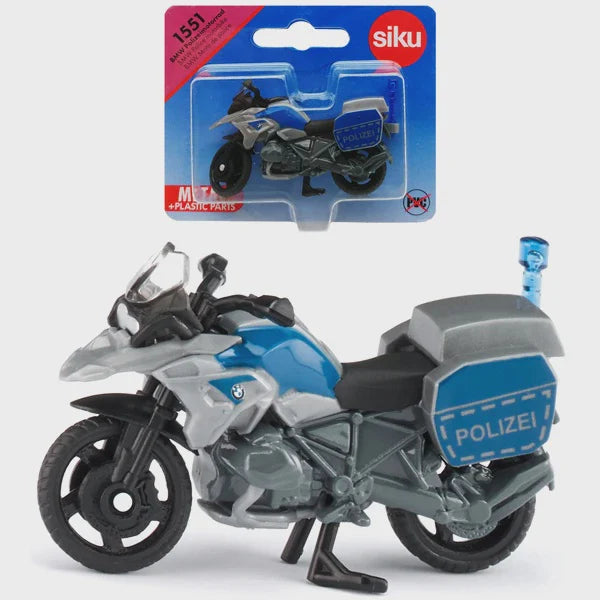 Model police motorcycle toy with Siku branding on packaging
Siku BMW Police motorbike 1551