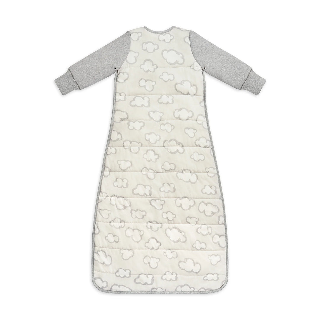 Baby sleeping bag with cloud pattern and gray sleeves on a white background