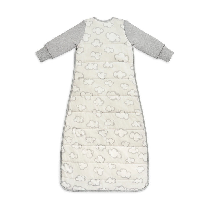 Baby sleeping bag with cloud pattern and gray sleeves on a white background
