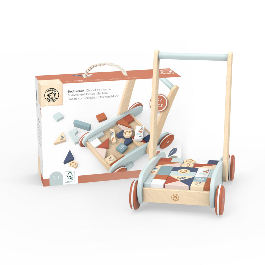 speedy monkey Wooden walker with geometric shapes and packaging on a white background