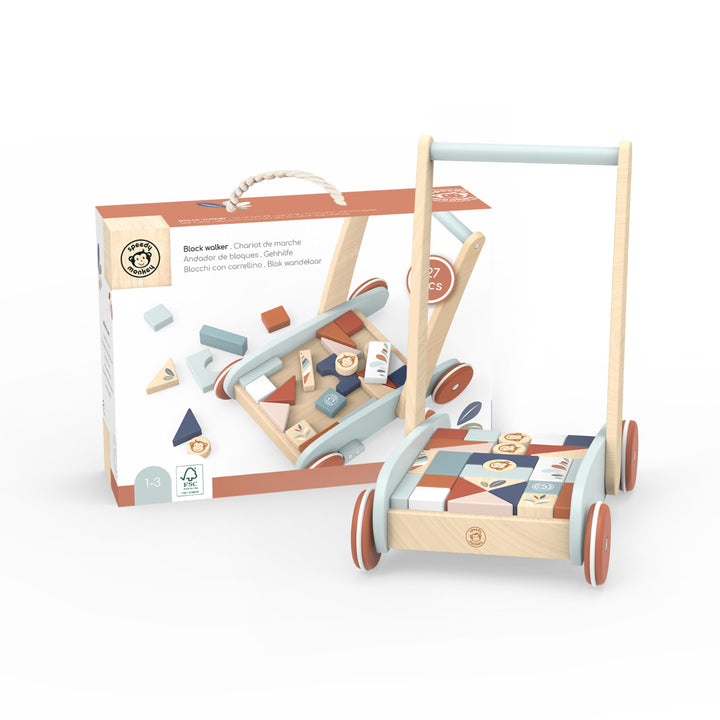 speedy monkey Wooden walker with geometric shapes and packaging on a white background