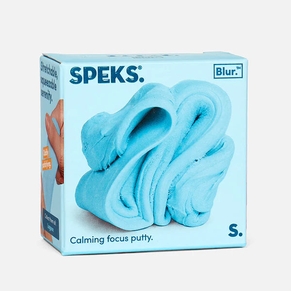 Speks lagoon Blur calming focus putty packaging on a light blue background