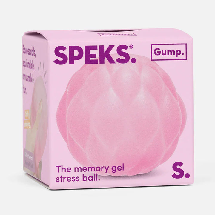 Speks memory gel stress ball packaging with pink ball and brand name on a white background