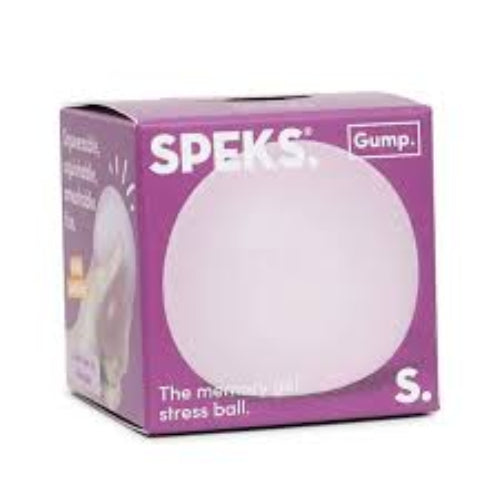 Box of Speks stresse balls with a purple label on a white background