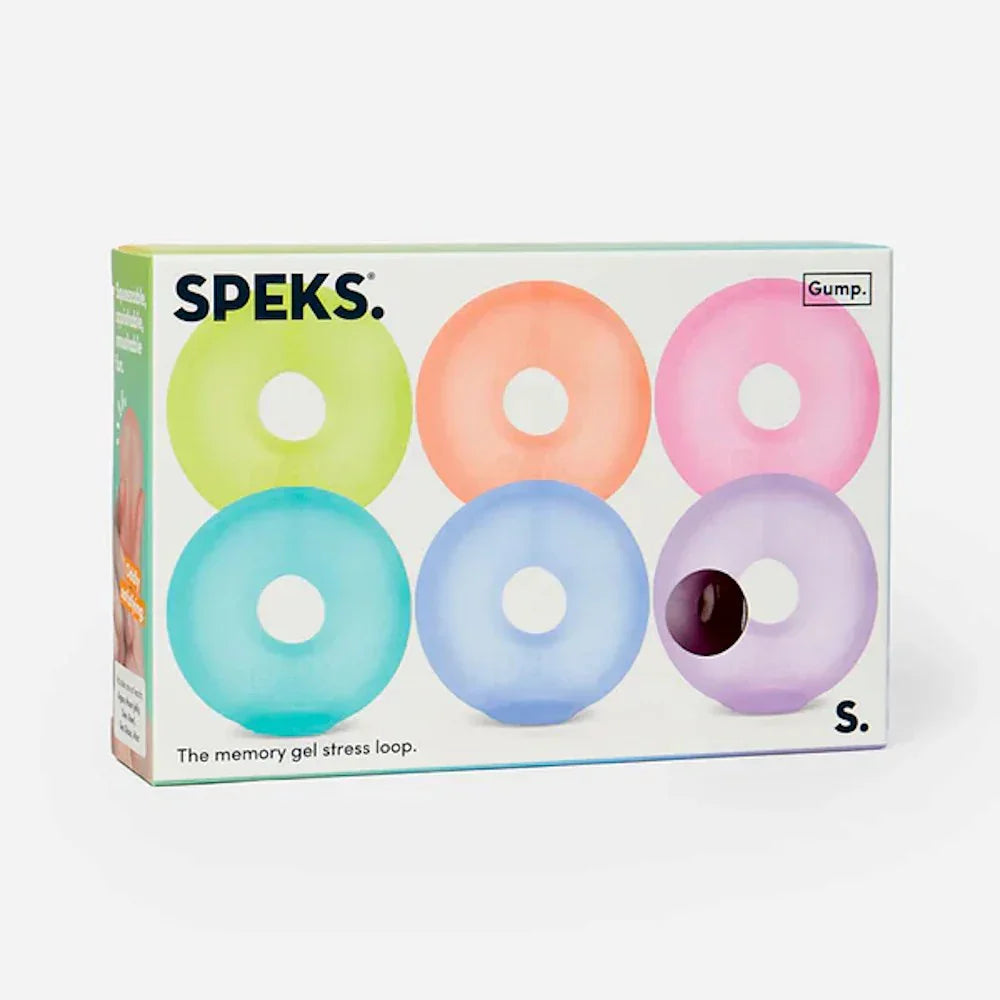 Speks stress ball packaging with colorful donut-shaped balls on a white background
