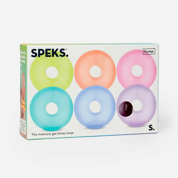 Speks stress ball packaging with colorful donut-shaped balls on a white background