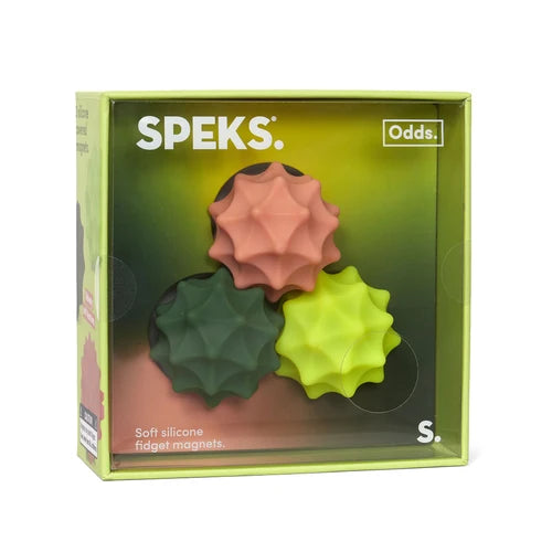 Speks soft silicone fidgety magnets in a box with visible branding.