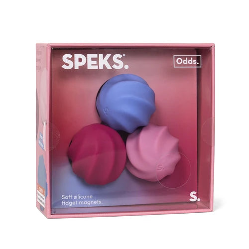 Speks soft silicone fidget magnets swirls in a pink box on a white background