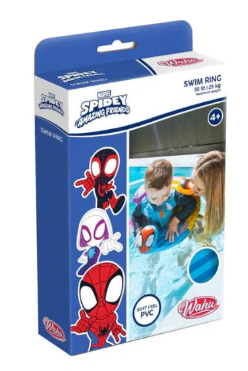 Swim ring packaging with Spider-Man design on a white background