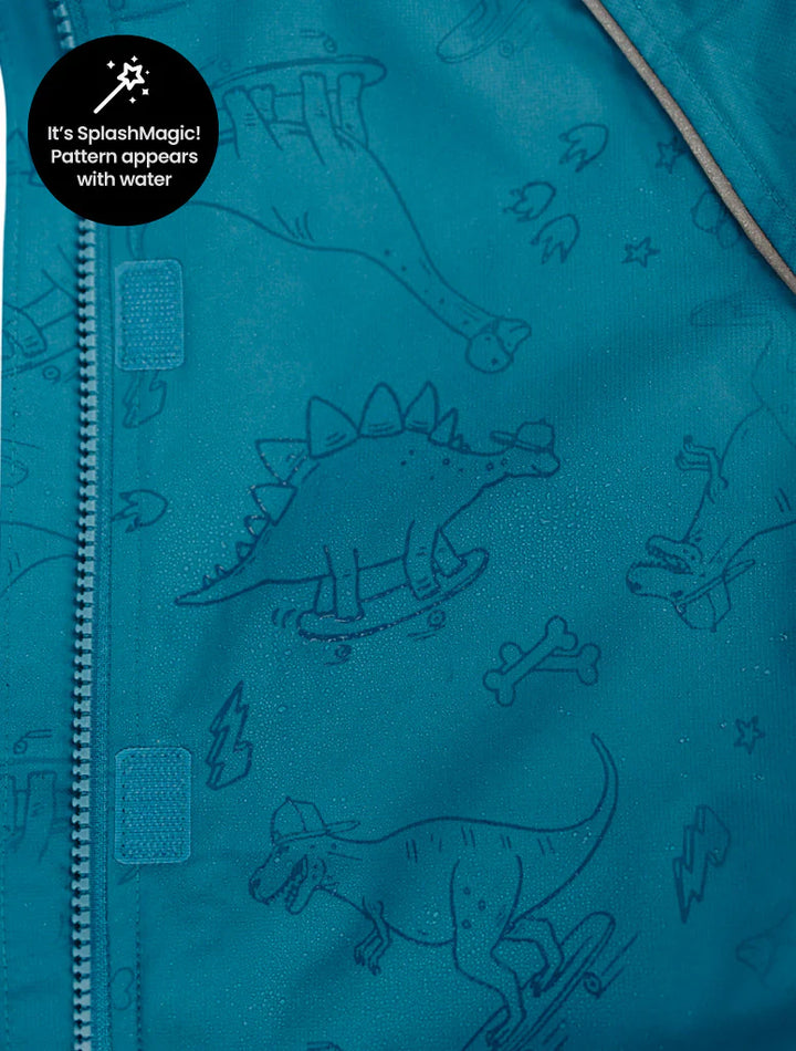 Blue therm storm jacket with dinosaur pattern that appears with water