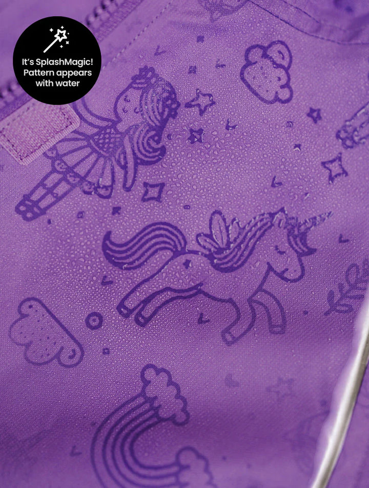 magic pattern on purple fabric with fairy and unicorn pattern, water reactive.