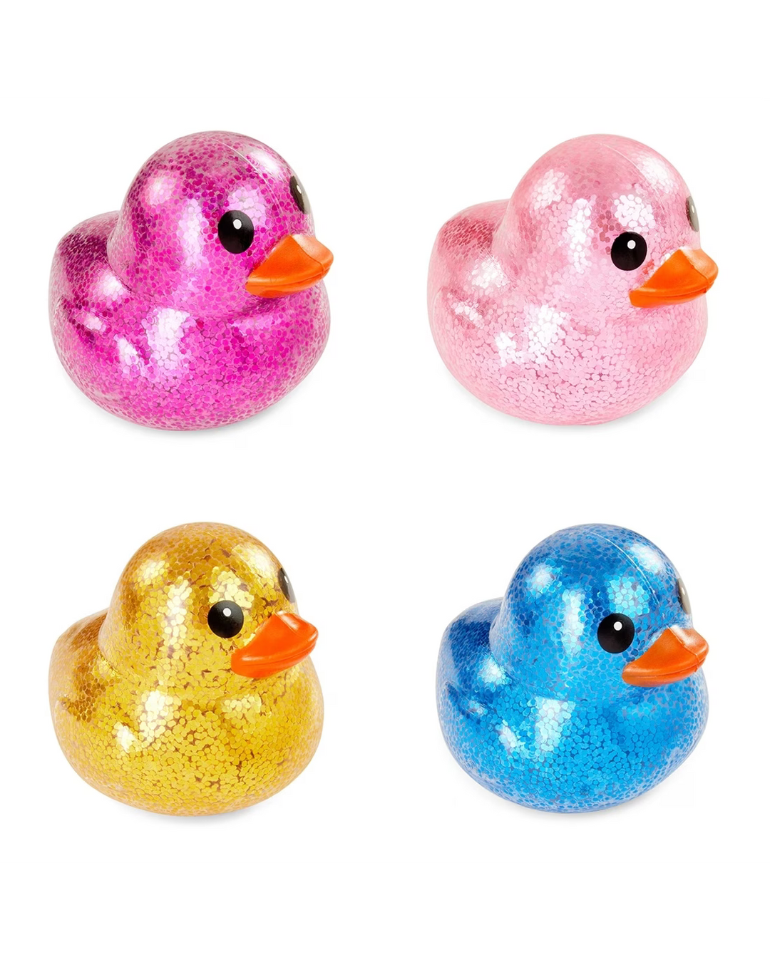 Four glittery rubber duckies in pink, blue, and gold on a white background