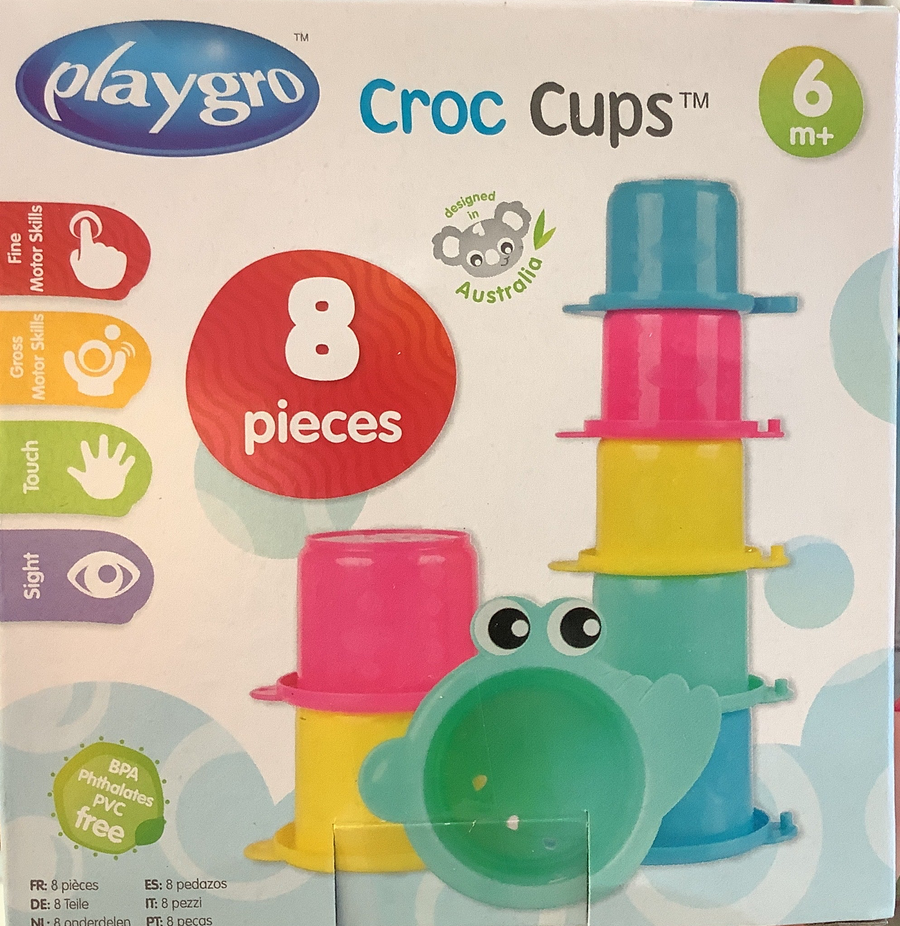 Playgro Croc Cups packaging with colorful cups and branding on a light background