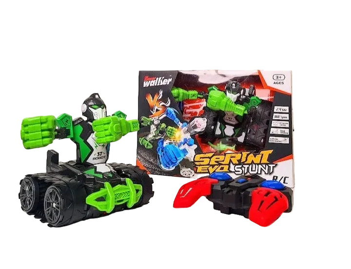 Toy robots with green and red details in front of their packaging on a white surface.