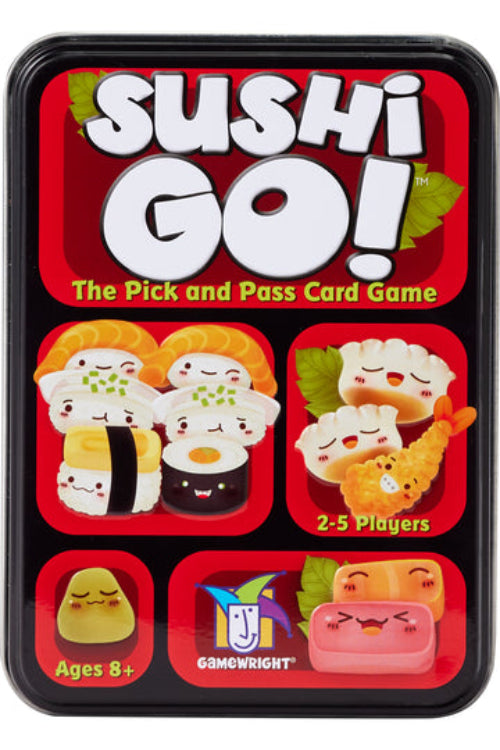 Sushi Go! card game packaging with cartoon sushi characters on a red background

