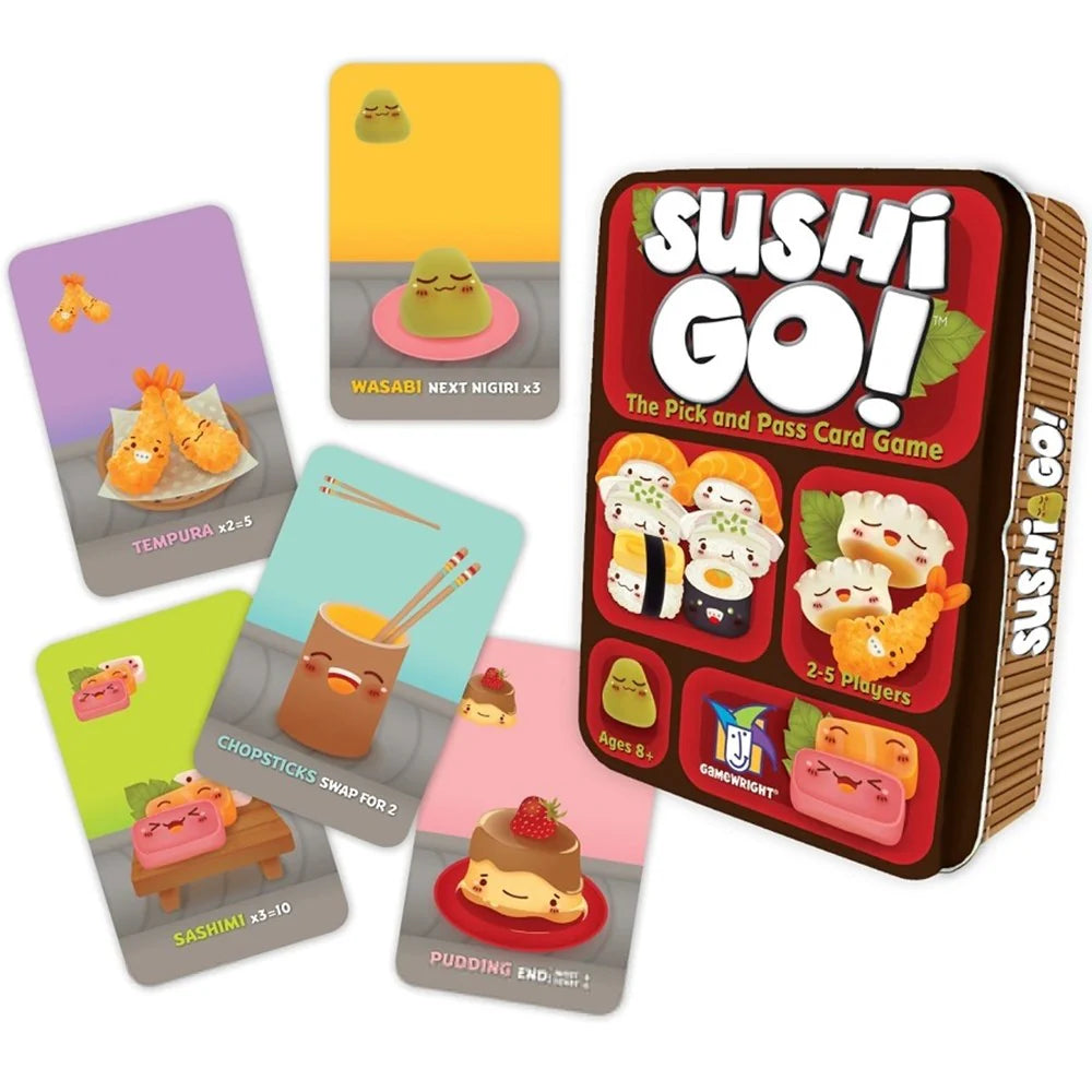 Sushi Go! card game with colorful cards and game box on a white background