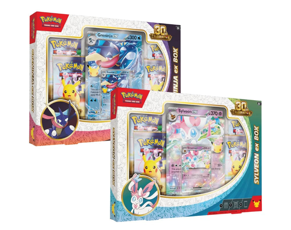Two Pokémon Light of Cards factory sealed ex-box sets shown on a white background, one featuring Blue-Eyes White Dragon and the other Sylveon ex-box, both with 30 booster packs visible through clear windows.