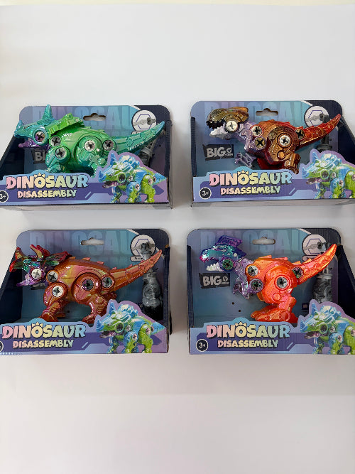 Four packaged toy dinosaur figures arranged in a 2x2 grid on a plain white background. Each package shows a colorful dinosaur with large cartoon eyes and the text 'DINOSAUR DISASSEMBLY' on the front.