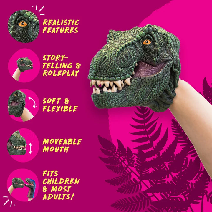 Dinosaur puppet held by a hand with features listed on a pink background
