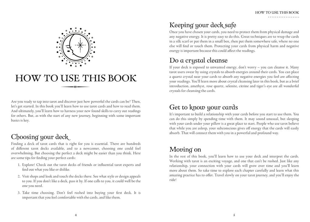 Instructions on how to use a book, likely related to card decks or rituals, with text and symbols.