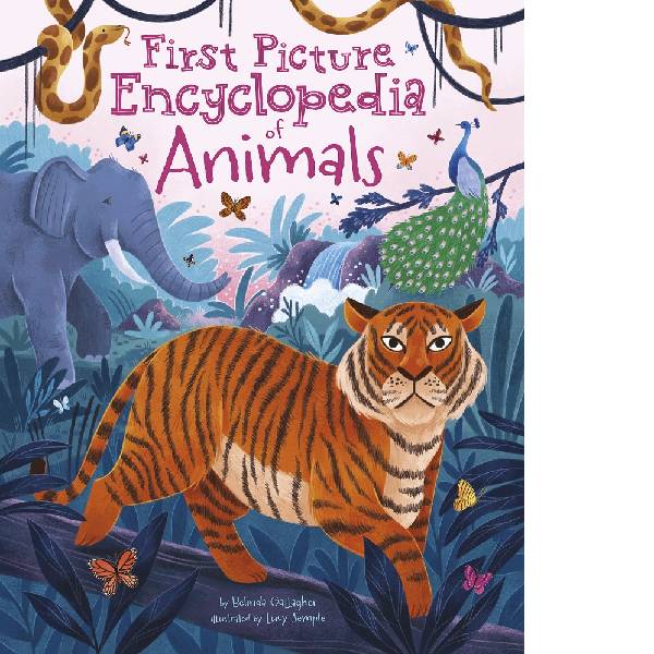 Book cover of 'First Picture Encyclopedia of Animals' with a tiger and elephant illustration.