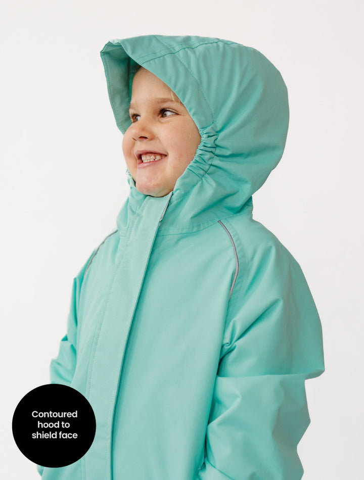 Child wearing a light blue therm storm with a hood on a white background