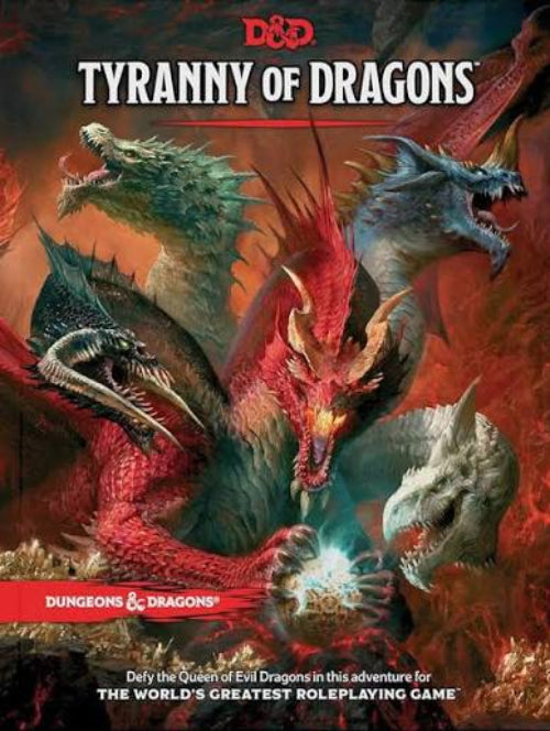 Front cover of the Dungeons & Dragons 'Tyranny of Dragons' product, featuring a dramatic fantasy illustration of multiple red, green, blue, and white dragons in a fiery red scene. The title 'Tyranny of Dragons' is prominently displayed at the top, with the Dungeons & Dragons logo visible.