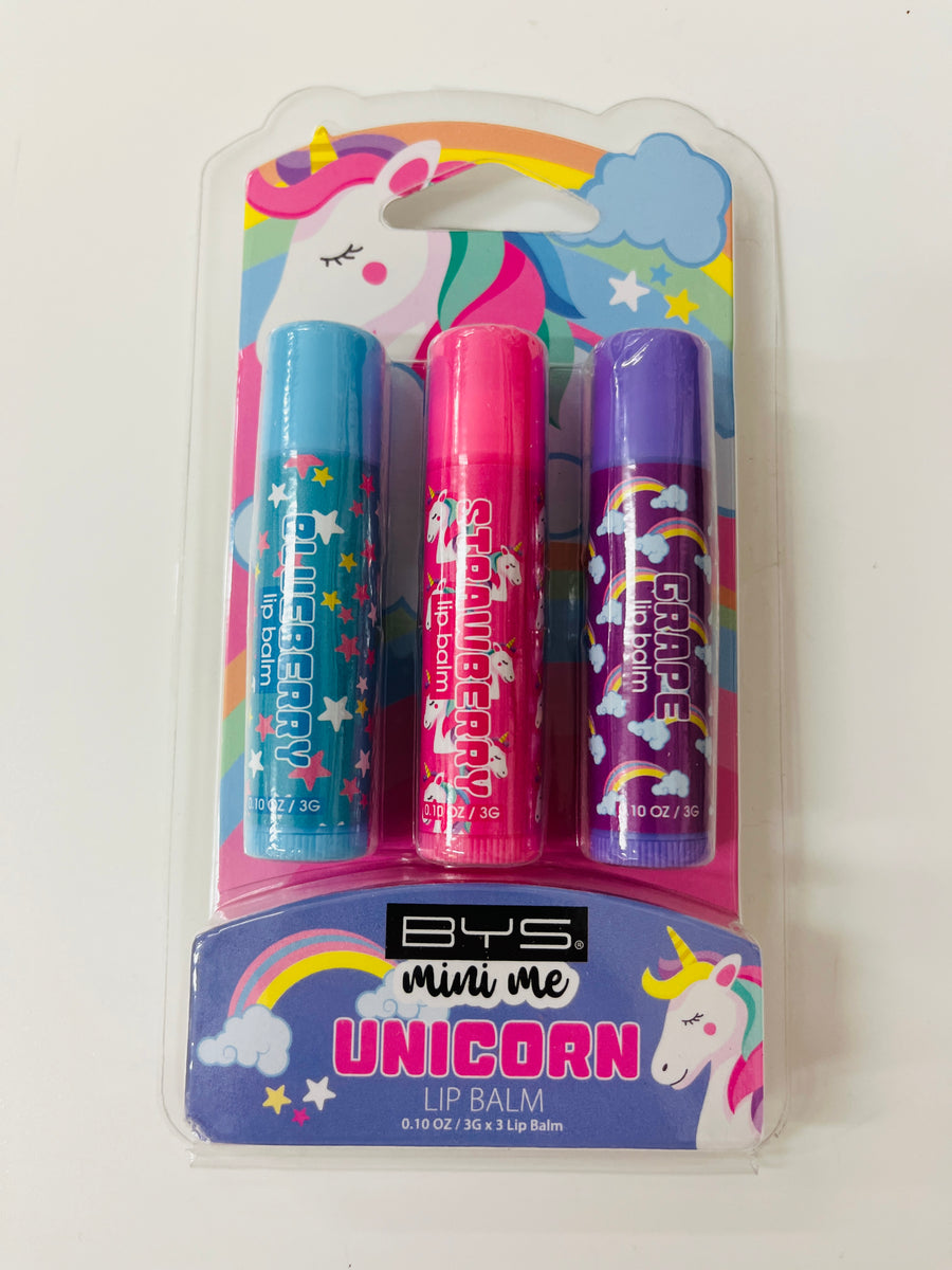Three lip balms in blue, pink, and purple packaging with unicorn designs on a white background.