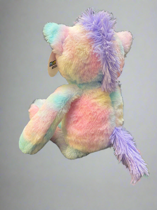 Pastel-colored teddy bear with a fluffy tail on a gray background