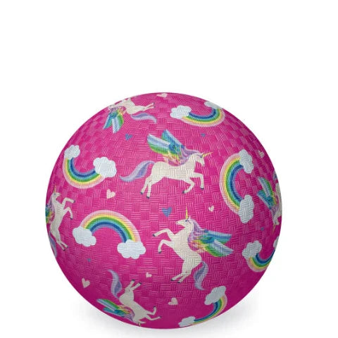 A pink textured ball featuring a repeating pattern of white unicorns with pastel rainbow wings, white clouds, and small hearts.