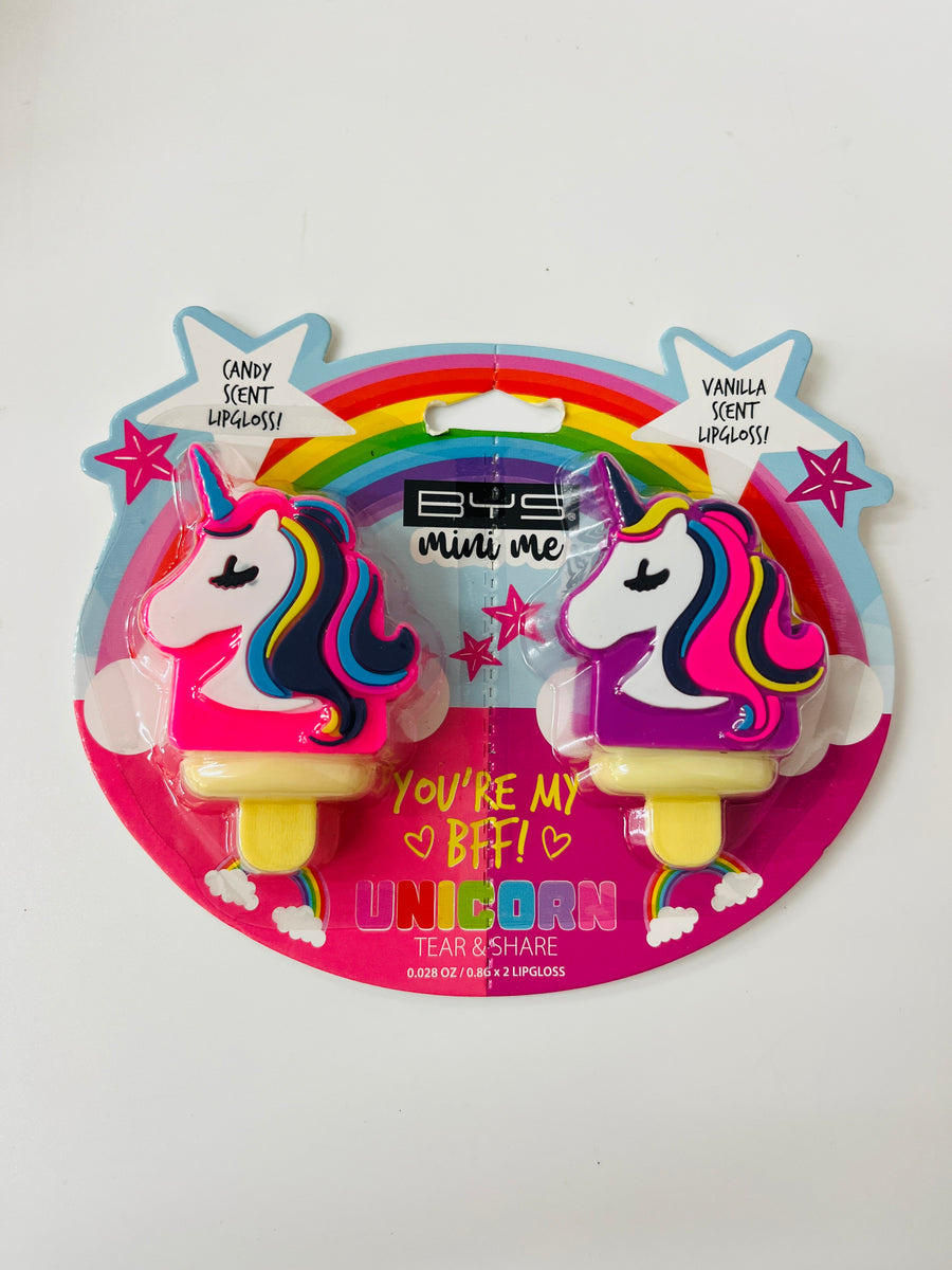 Unicorn-shaped lip glosses in packaging with 'EYS Mini Me' branding on a white background.