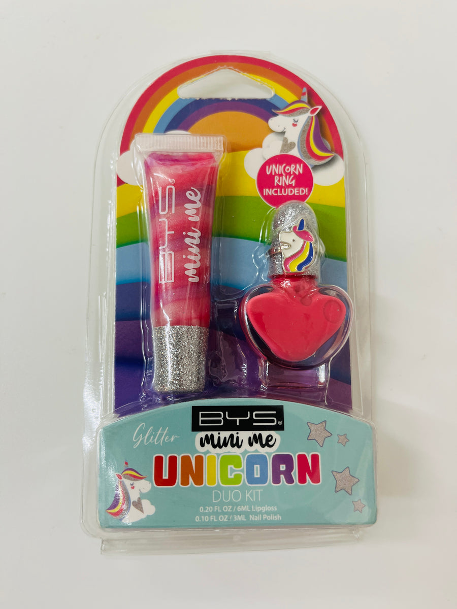 BYS Mini Me Unicorn duo kit with lip gloss and nail polish in packaging on a white background