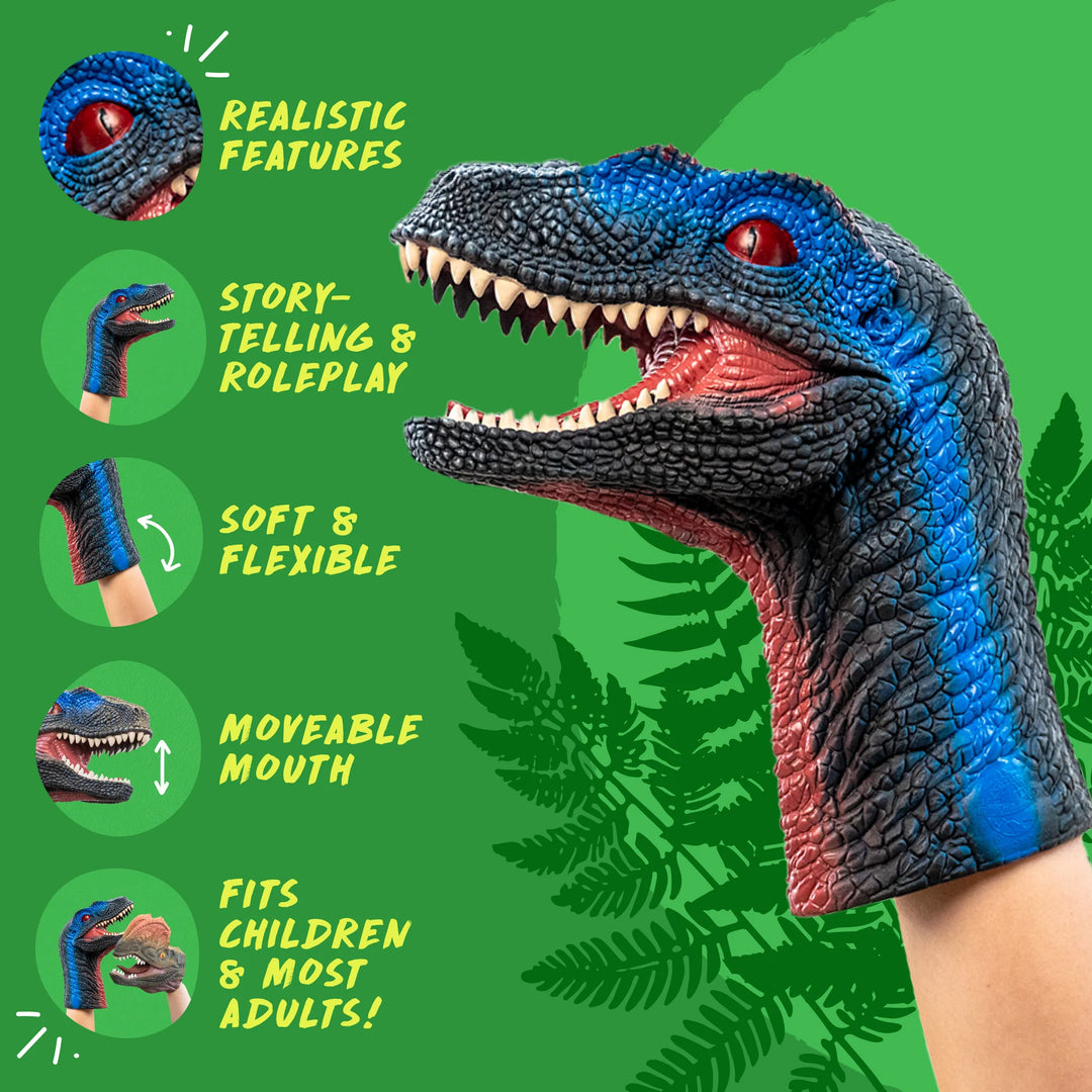 A blue and black dinosaur hand puppet with an open mouth, shown being worn on a person's hand against a green background with feature callouts.