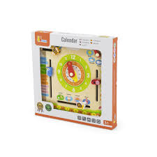Children's wooden calendar toy in its packaging on a white background