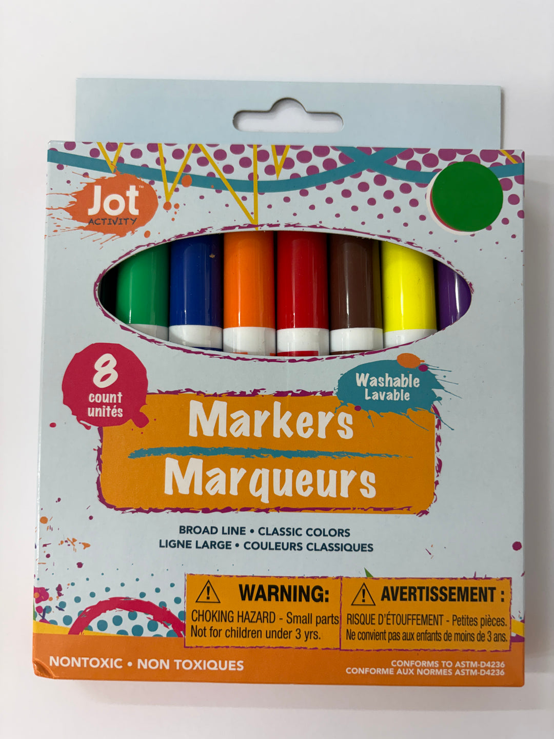 Jot Color brand 8-count marker set in its original retail packaging, featuring a variety of classic colors visible through the clear window on the box.